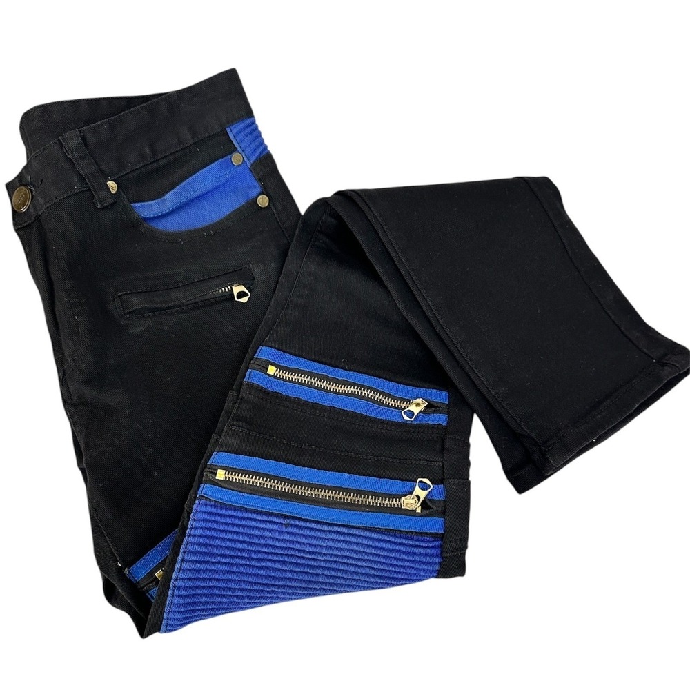 Bie Pa Paris Biker Jeans Mens‎ 29 Black Blue Ribbed Moto Multi-Zip Slim Fit